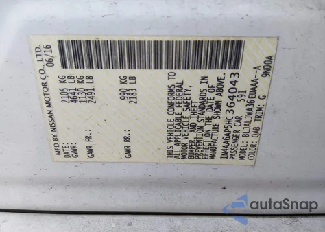 2017 Nissan Maxima 3.5 Sv from USA, damaged, VIN 1N4AA6AP5HC364043